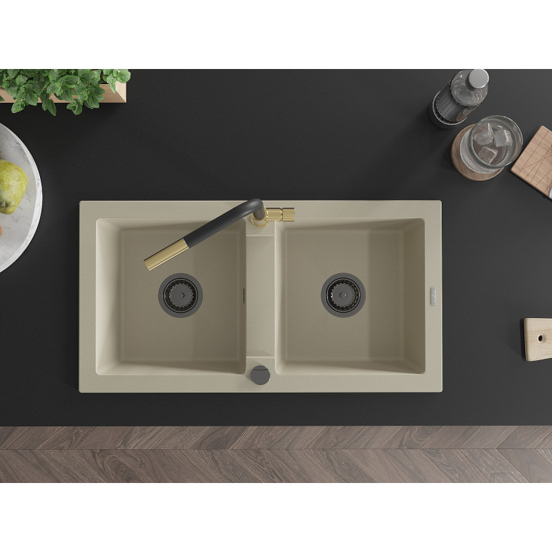 Mexen Mario zlewozmywak granitowy 2-komorowy z baterią kuchenną Flora, beżowy - 6504-69-670401-57-B