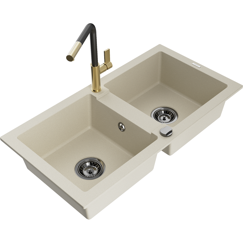 Mexen Mario fregadero de granito de 2 compartimentos con grifo de cocina Flora, beige - 6504-69-670401-57-B