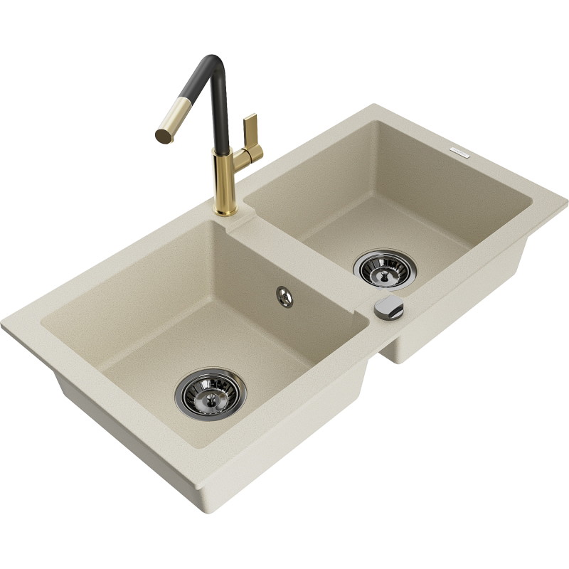 Mexen Mario granitische 2-compartimenten gootsteen met keukenmengkraan Flora, beige - 6504-69-670401-57-B