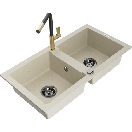 Mexen Mario lavello da cucina in granito a 2 vasche con miscelatore Flora, beige - 6504-69-670401-57-B