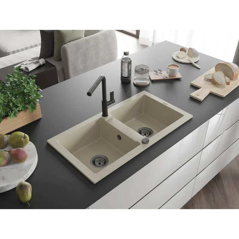 Mexen Mario Granit-Spüle mit 2 Becken und Küchenarmatur Flora, beige - 6504-69-670401-70-B