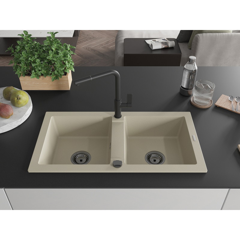 Mexen Mario fregadero de granito de 2 compartimentos con grifo de cocina Flora, beige - 6504-69-670401-70-B