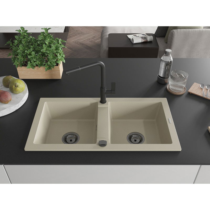 Mexen Mario lavello da cucina in granito a 2 vasche con miscelatore Flora, beige - 6504-69-670401-70-B