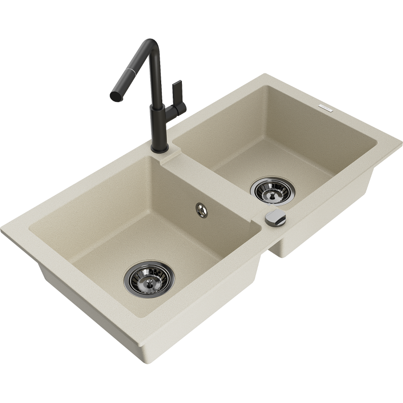 Mexen Mario 2-basin Granite Sink with Flora Kitchen Faucet, Beige - 6504-69-670401-70-B