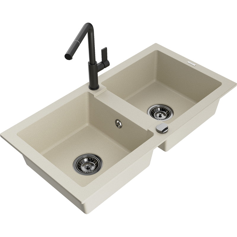 Mexen Mario granieten spoelbak met 2 kamers en Flora keukenkraan, beige - 6504-69-670401-70-B