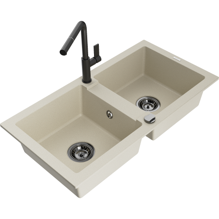 Mexen Mario 2-basin Granite Sink with Flora Kitchen Faucet, Beige - 6504-69-670401-70-B