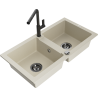 Mexen Mario 2-basin Granite Sink with Flora Kitchen Faucet, Beige - 6504-69-670401-70-B