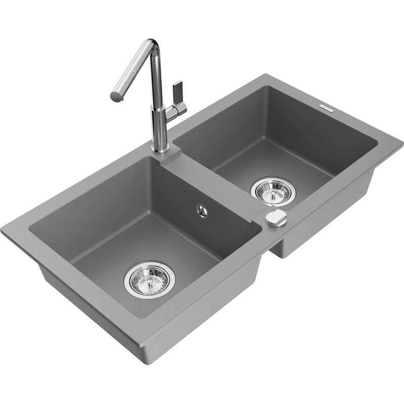 Mexen Mario granite sink 2-bowl with Flora kitchen tap, grey - 6504-71-670401-00