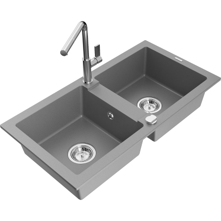 Mexen Mario granite sink 2-bowl with Flora kitchen tap, grey - 6504-71-670401-00
