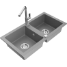 Mexen Mario fregadero de granito de 2 compartimentos con grifo de cocina Flora, gris - 6504-71-670401-00