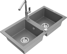 Mexen Mario granite double-bowl sink with Flora kitchen faucet, gray - 6504-71-670401-00