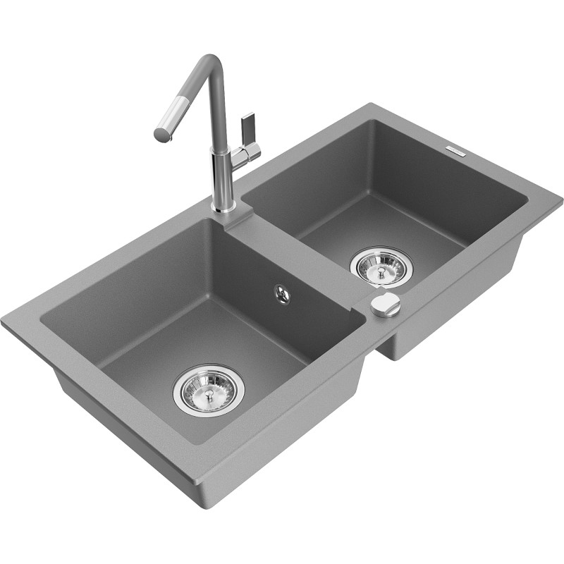Mexen Mario évier en granit 2 bacs avec robinet de cuisine Flora, gris - 6504-71-670401-06