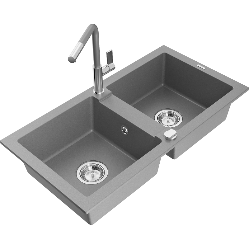 Mexen Mario fregadero de granito de 2 senos con grifo de cocina Flora, gris - 6504-71-670401-06