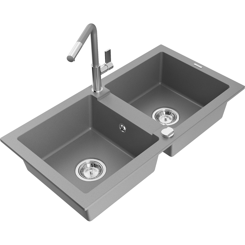 Mexen Mario granite sink 2-bowl with Flora kitchen tap, grey - 6504-71-670401-06