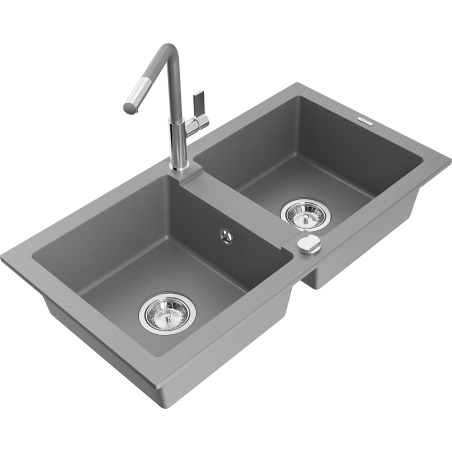 Mexen Mario évier en granit 2 bacs avec robinet de cuisine Flora, gris - 6504-71-670401-06
