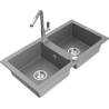 Mexen Mario granite double-bowl kitchen sink with Flora faucet, gray - 6504-71-670401-06