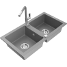 Mexen Mario granite sink 2-bowl with Flora kitchen tap, grey - 6504-71-670401-06