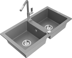 Mexen Mario lava-louça de granito com 2 cubas e torneira de cozinha Flora, cinzento - 6504-71-670401-06