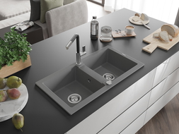 Mexen Mario granite sink 2-chamber with Flora kitchen tap, grey - 6504-71-670401-07