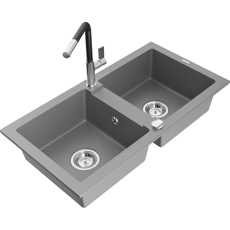Mexen Mario fregadero de granito de 2 compartimentos con grifo de cocina Flora, gris - 6504-71-670401-07
