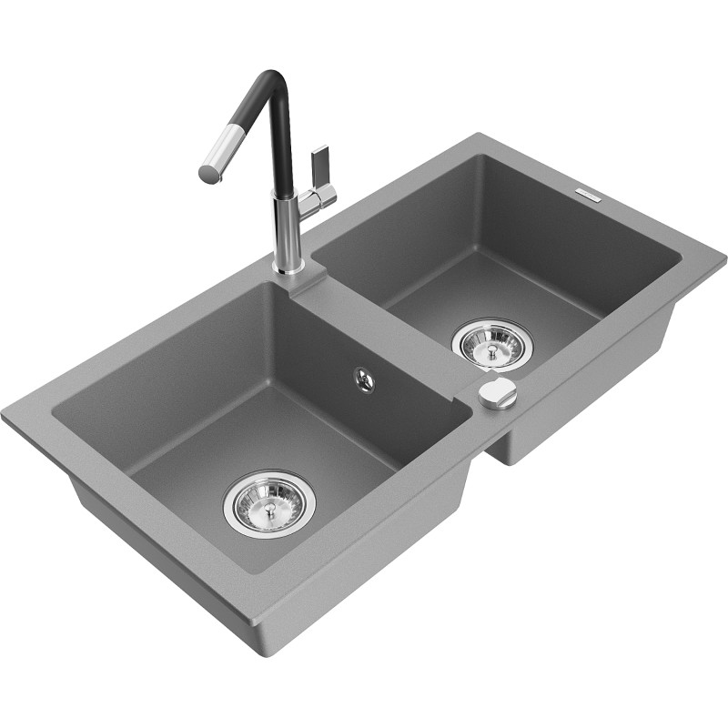 Mexen Mario fregadero de granito de 2 cubetas con grifo de cocina Flora, gris - 6504-71-670401-07