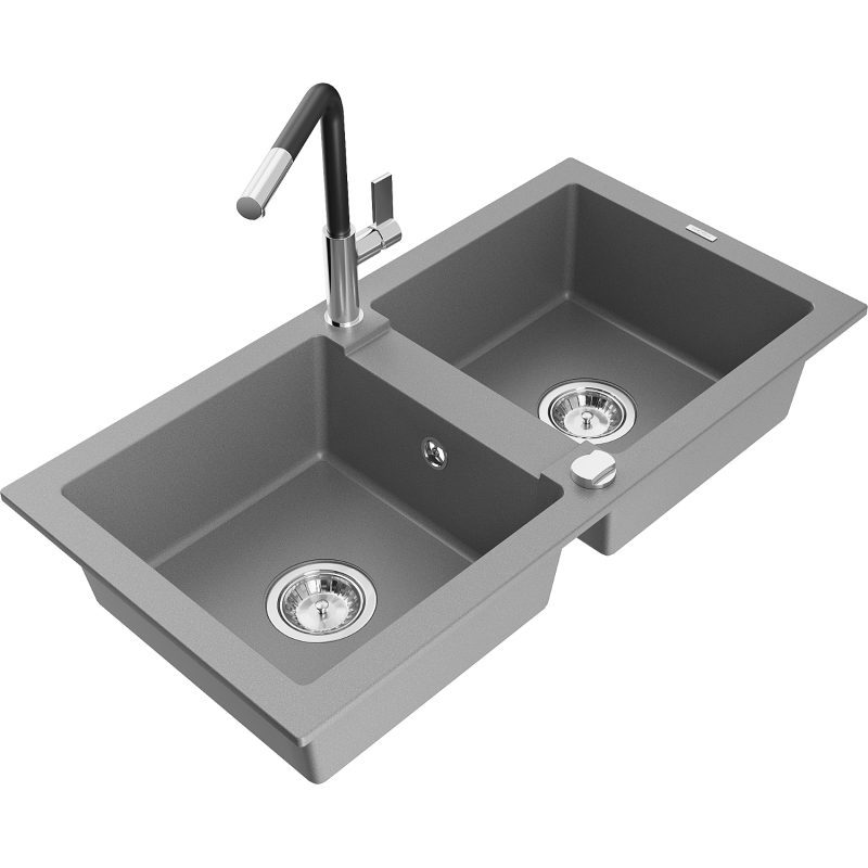 Mexen Mario lava-loiça de granito de 2 cubas com torneira de cozinha Flora, cinzento - 6504-71-670401-07