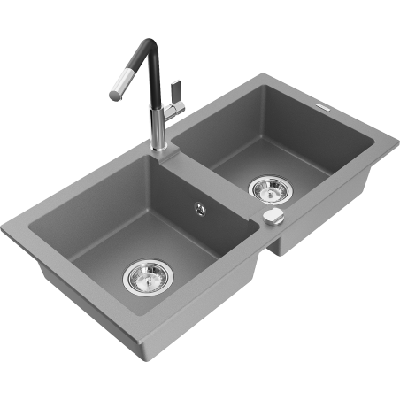 Mexen Mario fregadero de granito de 2 cubetas con grifo de cocina Flora, gris - 6504-71-670401-07