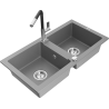 Mexen Mario fregadero de granito de 2 compartimentos con grifo de cocina Flora, gris - 6504-71-670401-07