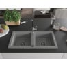 Mexen Mario granite kitchen sink 2-bowl with Flora kitchen tap, grey - 6504-71-670401-07-B