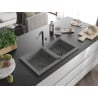 Mexen Mario granite kitchen sink 2-bowl with Flora kitchen tap, grey - 6504-71-670401-07-B