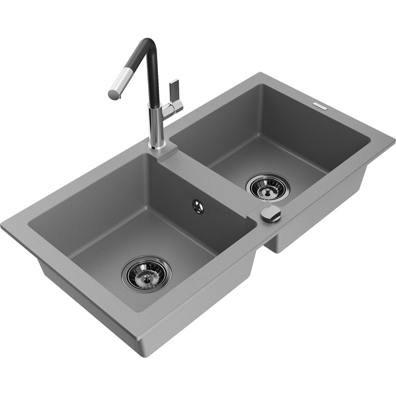 Mexen Mario granite kitchen sink 2-bowl with Flora kitchen tap, grey - 6504-71-670401-07-B