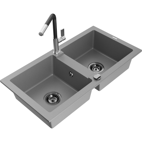 Mexen Mario granite kitchen sink 2-bowl with Flora kitchen tap, grey - 6504-71-670401-07-B