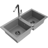 Mexen Mario granite kitchen sink 2-bowl with Flora kitchen tap, grey - 6504-71-670401-07-B