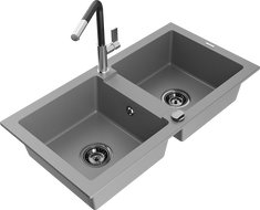 Mexen Mario granite kitchen sink 2-bowl with Flora kitchen tap, grey - 6504-71-670401-07-B