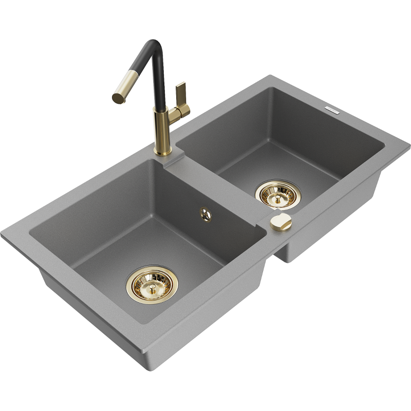 Mexen Mario fregadero de granito 2-cubetas con grifo de cocina Flora, gris - 6504-71-670401-57-G