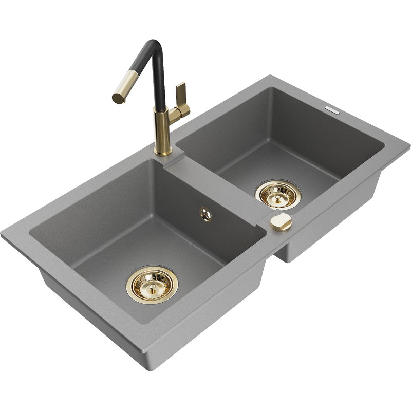 Mexen Mario granite sink 2-bowl with Flora kitchen tap, grey - 6504-71-670401-57-G