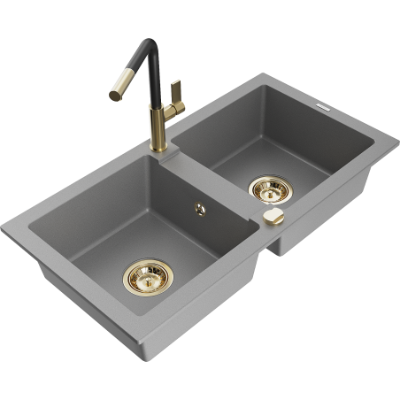 Mexen Mario granite sink 2-bowl with Flora kitchen tap, grey - 6504-71-670401-57-G