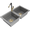 Mexen Mario granite sink 2-bowl with Flora kitchen tap, grey - 6504-71-670401-57-G