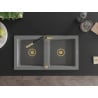 Mexen Mario granite sink 2-bowl with Flora kitchen tap, grey - 6504-71-670401-57-G