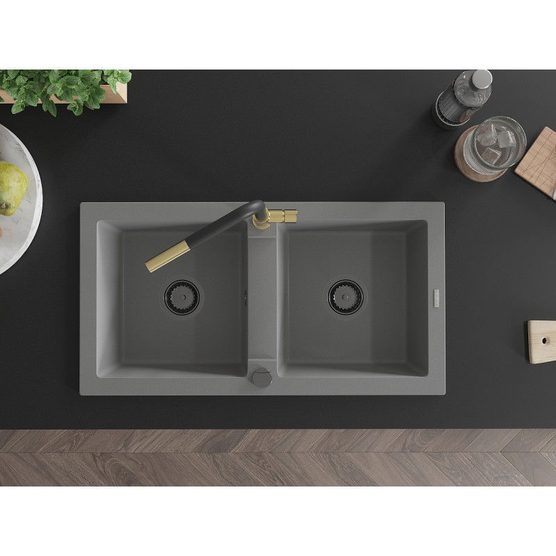 Mexen Mario fregadero de granito de 2 senos con grifo de cocina Flora, gris - 6504-71-670401-57-B