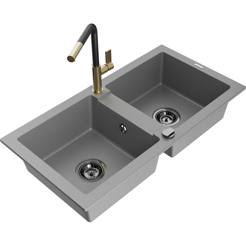 Mexen Mario fregadero de granito de 2 senos con grifo de cocina Flora, gris - 6504-71-670401-57-B