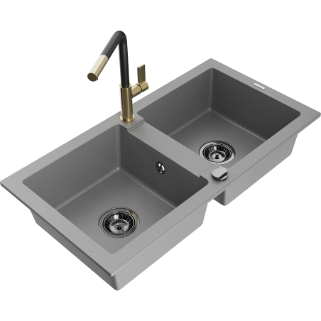 Mexen Mario 2-bowl granite sink with Flora kitchen tap, grey - 6504-71-670401-57-B