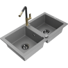 Mexen Mario 2-bowl granite sink with Flora kitchen tap, grey - 6504-71-670401-57-B