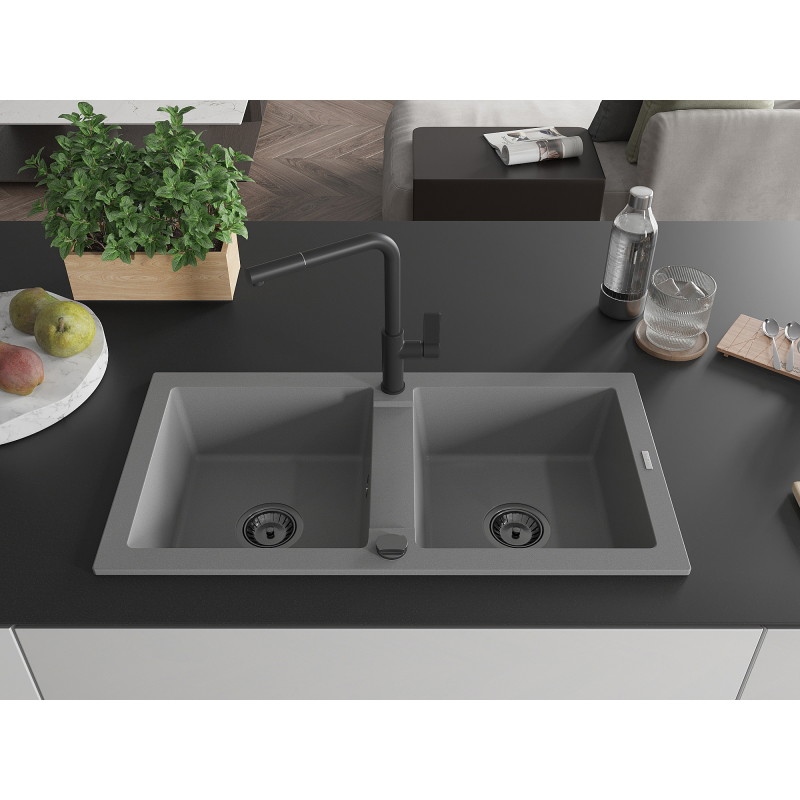 Mexen Mario fregadero de granito de 2 compartimentos con grifo de cocina Flora, gris - 6504-71-670401-70-B