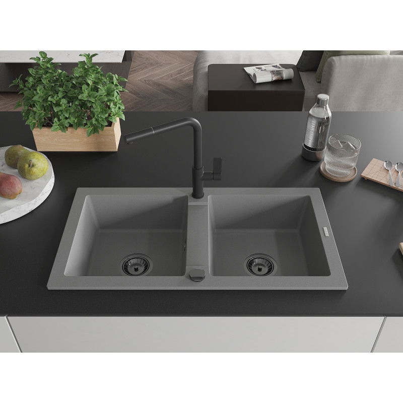 Mexen Mario granite double-bowl sink with Flora kitchen tap, grey - 6504-71-670401-70-B