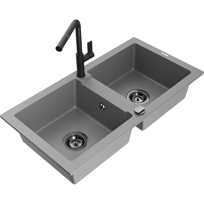 Mexen Mario fregadero de granito de 2 senos con grifo de cocina Flora, gris - 6504-71-670401-70-B