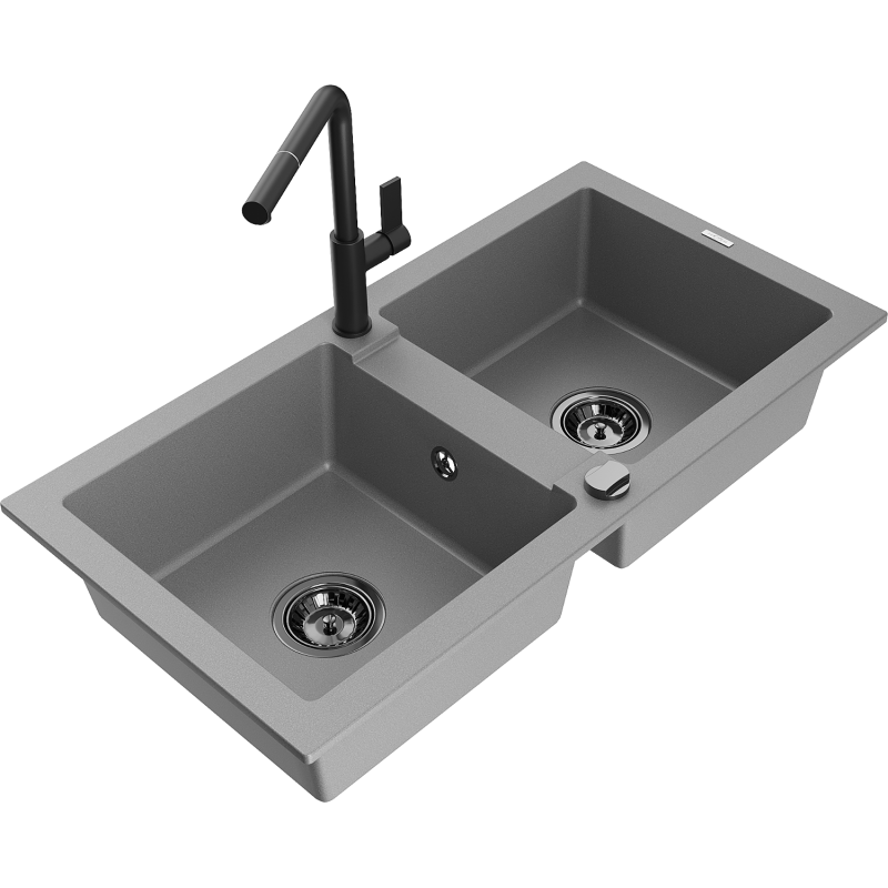 Mexen Mario granite double-bowl sink with Flora kitchen tap, grey - 6504-71-670401-70-B