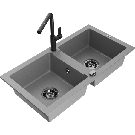 Mexen Mario fregadero de granito de 2 senos con grifo de cocina Flora, gris - 6504-71-670401-70-B