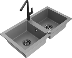 Mexen Mario fregadero de granito de 2 senos con grifo de cocina Flora, gris - 6504-71-670401-70-B