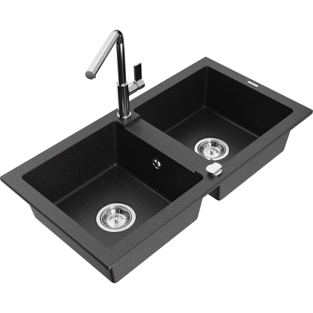Mexen Mario fregadero de granito de 2 compartimentos con grifo de cocina Flora, negro/plateado metálico - 6504-73-670401-00